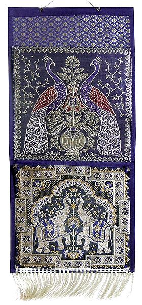 Magazine and Paper Holder with Two Pockets in Zari Weaved Peacocks and Elephants