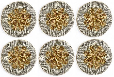 White with Yellow Design Beaded Small Round Hand Made Coasters - Set of Six