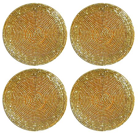 Yellow Beaded Small Round Hand Made Coasters - Set of Four