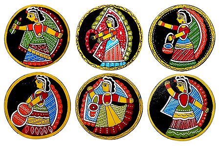 Set of 6 Square Table Coasters with Tikuli Painting