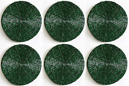 Dark Green Beaded Small Round Hand Made Coasters - Set of Six