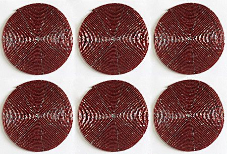 Plain Dark Maroon Beaded Small Round Coasters - Set of Six