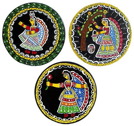 Three Round Table Coasters with Madhubani Painting