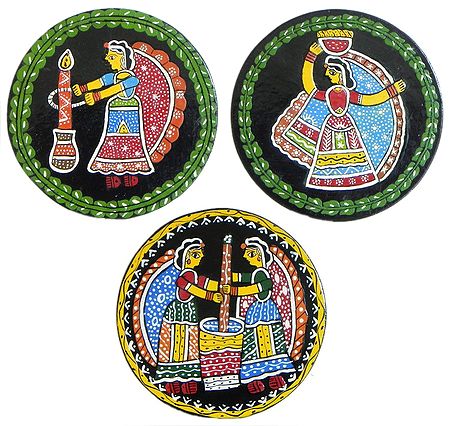 Three Round Table Coasters with Madhubani Painting