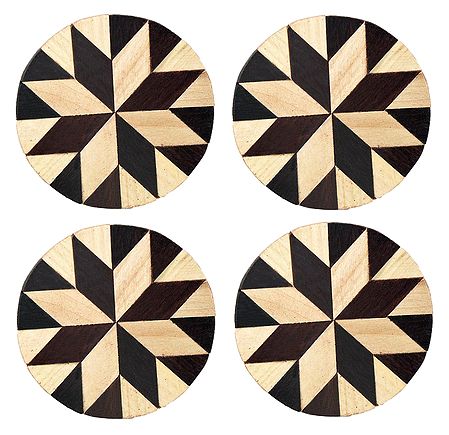 Brown and Off-White Round Wooden Coasters - Set of 4