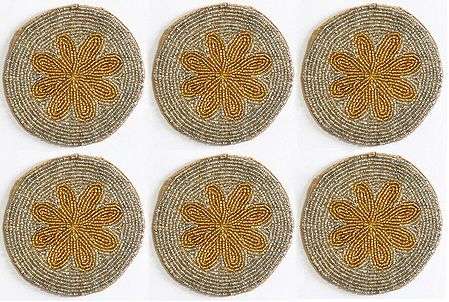 Silver and Golden Beaded Small Round Coasters - Set of Six
