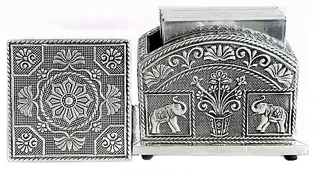 Six Metal Carving Square Table Coasters with a Holder