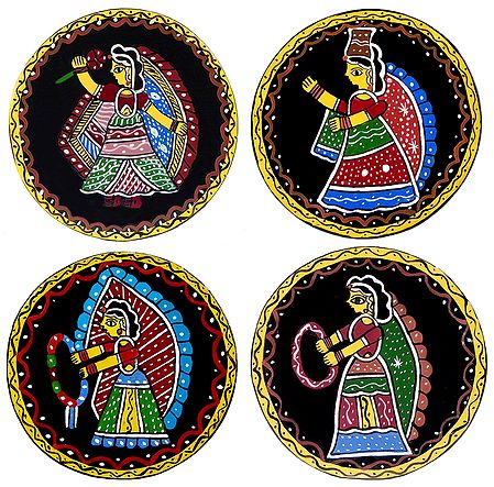 Four Round Table Coasters with Tikuli Painting on Hardboard