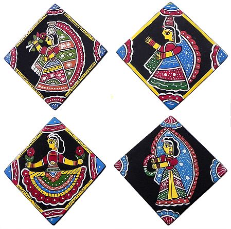 Set of 4 Square Table Coasters with Tikuli Painting on Hardboard