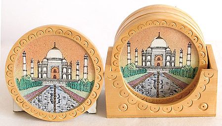Wood Carving Six Round Coasters and Holder  with Real Crushed Gemstone Taj Mahal Painting