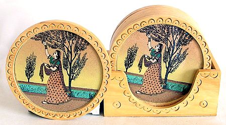 Wood Carving Six Round Coasters and Holder  with Real Crushed Gemstone Ragini Painting
