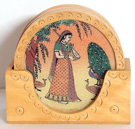 Wood Carving Six Round Coasters and Holder  with Real Crushed Gemstone Ragini Painting