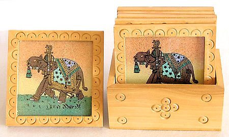 Wood Carving Six Square Coasters and Holder  with Real Crushed Gemstone Elephant Painting