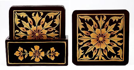 Set of 6 Hand Painted Square Table Coasters and Holder