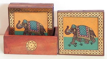 Six Square Wooden Coasters and Holder with Crushed Real Gemstone Elephant Painting