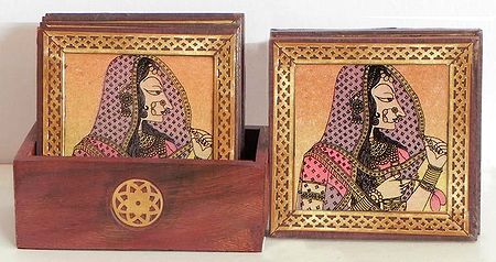 Six Square Wooden Coasters and Holder with Crushed Real Gemstone Bani Thani Painting