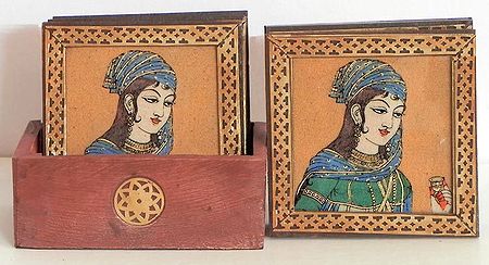 Six Square Wooden Coasters and Holder with Crushed Real Gemstone Noorjahan Painting