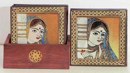 Six Square Wooden Coasters and Holder with Crushed Real Gemstone Rajput Beauty Painting