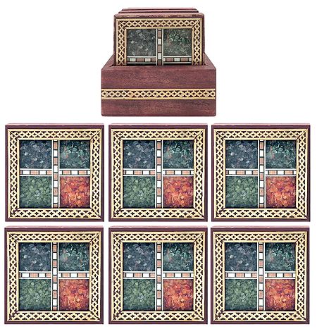 Set of 6 Gemstone Chips Coasters with Holder