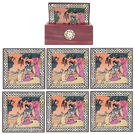 Set of 6 Gemstone Ragini Painting Coasters with Holder