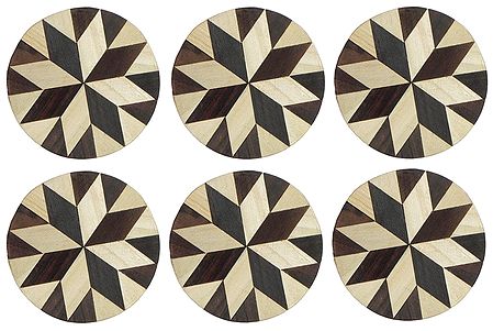 Brown and Off-White Round Wooden Coasters - Set of Six