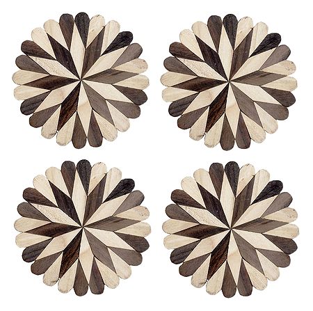 Brown with Off-White Round Wooden Coasters - Set of 4