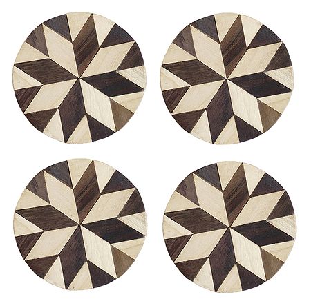 Brown with Off-White Round Wooden Coasters - Set of 4
