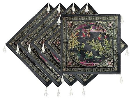 Five Pieces Black Satin Silk Cushion Covers Depicting Life in Traditional China