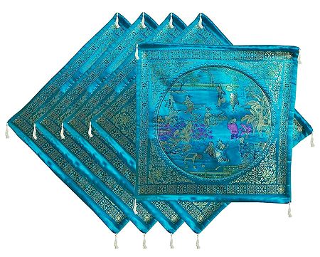Five Pieces Cyan Blue Cushion Covers Depicting Life in Traditional China