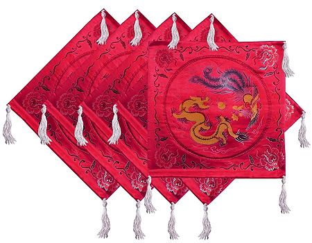 Five Pieces Dark Red Satin Silk Cushion Covers Depicting Chinese Dragon and Bird