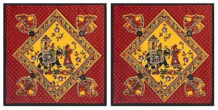 Two Pieces Printed Cotton Cushion Covers Depicting Rajput King on a Elephant