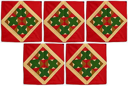 Five Pieces Red Cushion Covers with Applique Work