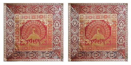 Set of 2 Silk Cushion Covers with Weaved Zari Peacock Design