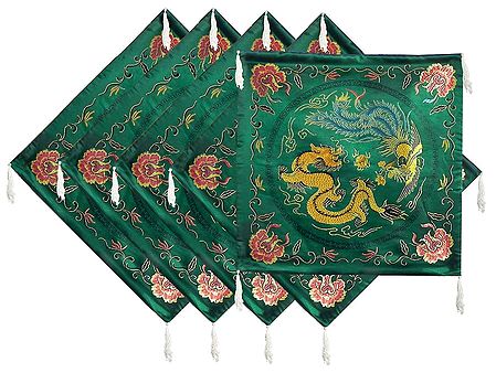 Five Pieces Dark Green Satin Silk Cushion Covers Depicting Chinese Dragon and Bird