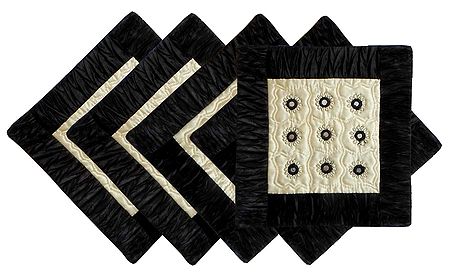 Five Pieces Black Satin Silk Cushion Covers with Mirrorwork