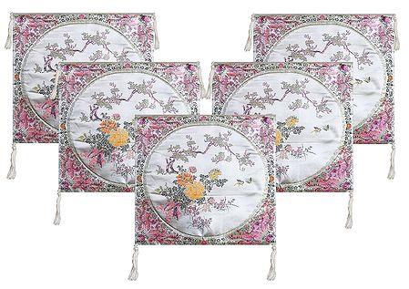 5 Pieces White Satin Silk Cushion Covers with Floral Design