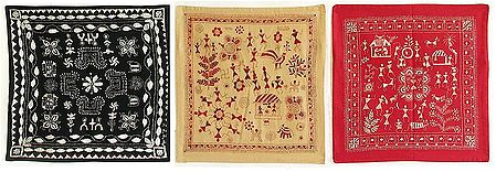Three Pieces Kantha Stitch Cushion Covers