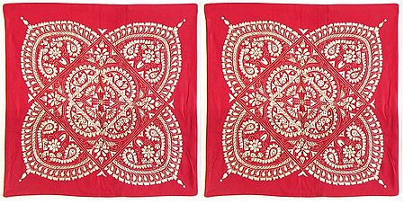 Two Pieces Kantha Stitch Red Cushion Covers