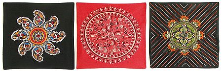 Three Pieces Kantha Stitch Cushion Covers