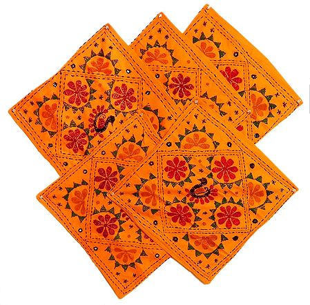 Five Pieces Embroidered Saffron Cushion Covers