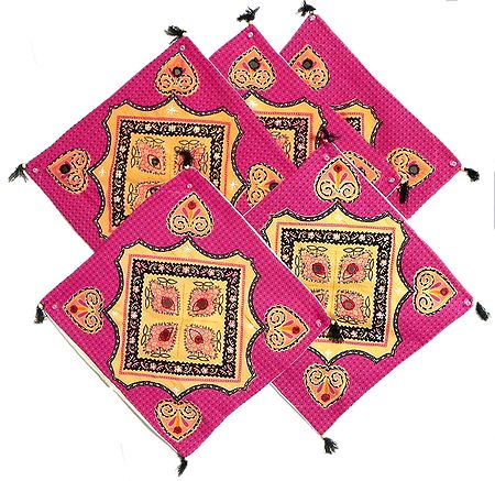 Five Pieces Magenta with Yellow Printed and Embroidered Cushion Covers
