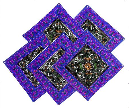 Five Pieces Purple with Black Mirror Work and Embroidered Cushion Covers