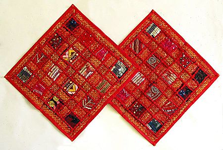 Patchwork on Red Cushion Covers
