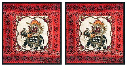 Set of 2 Printed Cotton Cushion Covers Depicting Rajput Queen on Elephant