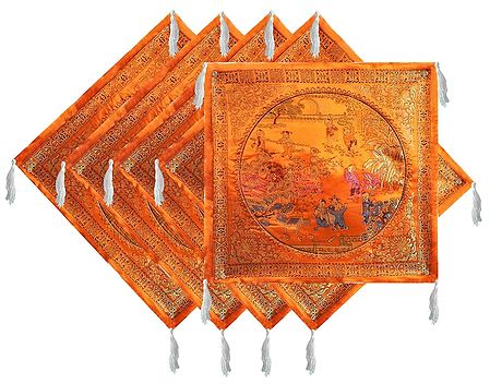 Five Pieces Dark Saffron Satin Silk Cushion Covers Depicting Life in Traditional China