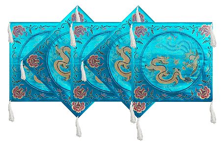 Five Pieces Dark Cyan Satin Silk Cushion Covers Depicting Chinese Dragon