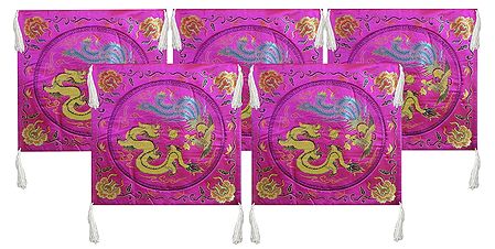 Five Pieces Dark Magenta Satin Silk Cushion Covers Depicting Chinese Dragon