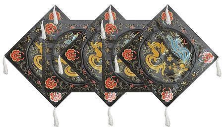 Five Pieces Black Satin Silk Cushion Covers Depicting Chinese Dragon