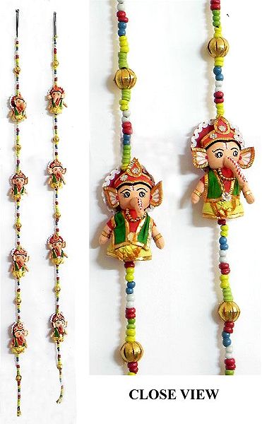A Pair of String Wall Hangings with Four Cute Ganesha with Beads in Each