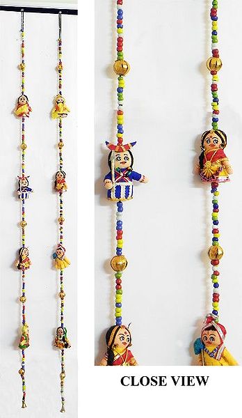 A Pair of String Wall Hangings with Four Cute Dolls with Beads in Each